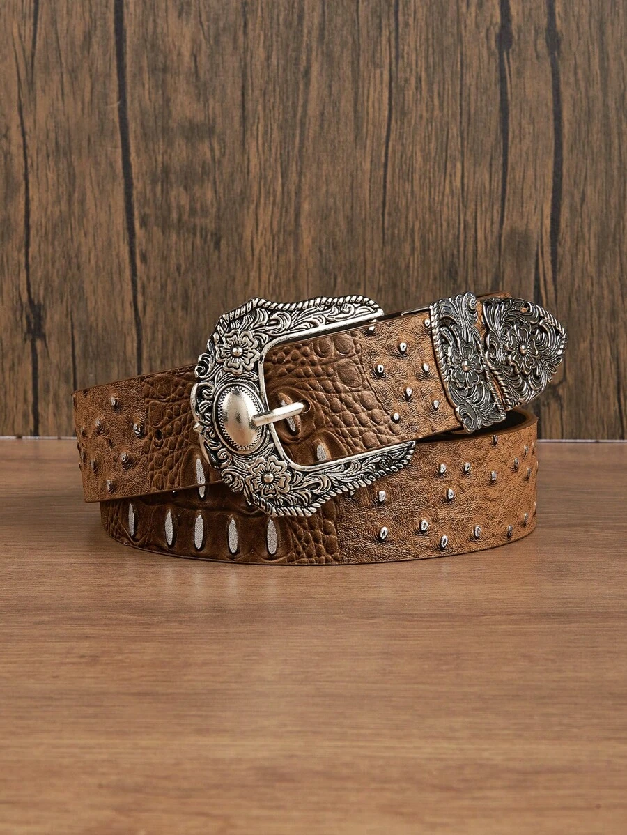 1pc Women's New Brown Crocodile Embossed Street Style PU Leather Belt, Suitable For Jeans, Formal Wear, Vintage Western Decoration, Versatile For Daily Use - Brown - View 1