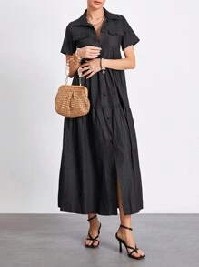 Women's Plus Size Denim Dress Short Sleeve Turn Down Collar Button Front Loose Swing Jean Dress