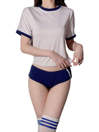 (Parte superior + Pantalones cortos + 2 pares de calcetines) Conjunto de uniforme sexy para juego de roles, tentación minimalista, estudiante japonesa linda, traje de gimnasia para Halloween