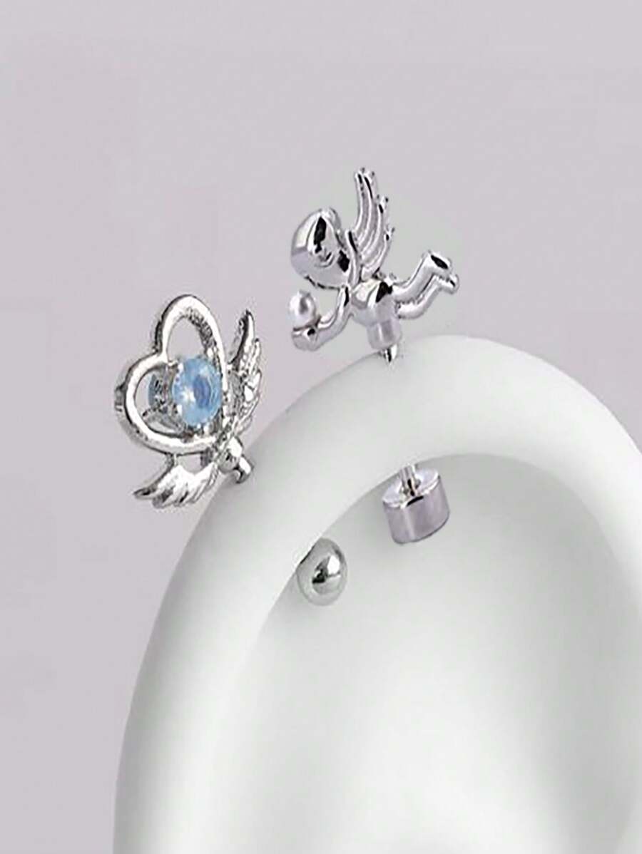2 PCS Love Cupid Wings Fairy Wand Silver Color 316L Stainless Steel Ear Bone Nail For Women Valentines,Mom,Mother,Mother's Day,Gift