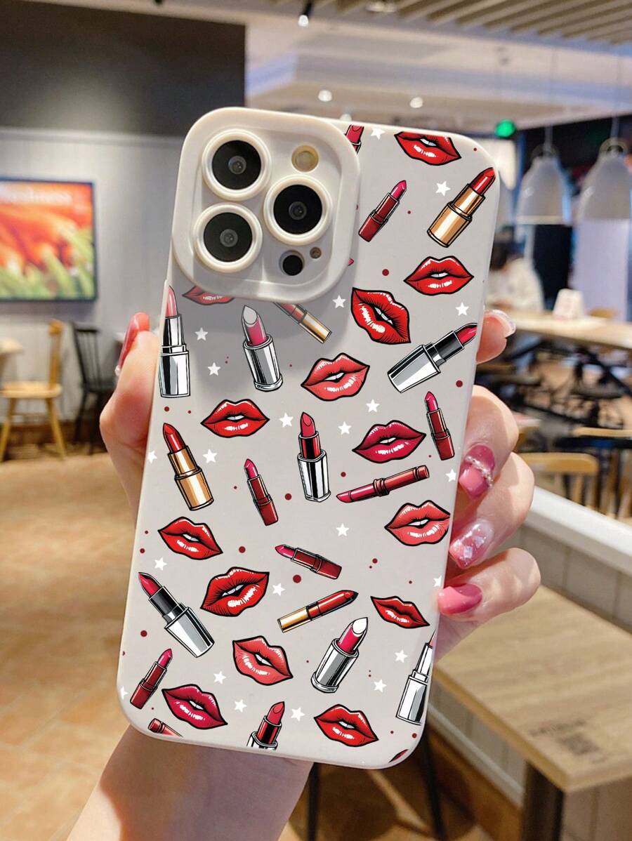1pc Lipstick & Eye Design TPU Protective Phone Case Compatible With Iphone 11, 16 Pro Max, 16 Pro, 16, 15 Pro Max, 14 Pro Max / Galaxy, SAM / Honor X6A, X7B, X8B - White - View 1