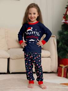 2pcs Christmas Pajama Set For Big Kids, Includes Santa Hat, Long Sleeve Round Neck Top And Floral Print Pants, Comfortable Fit For Autumn/Winter - Multicolor - View 6