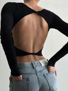 性感露背休闲短款上衣，修身罗纹圆领长袖衬衫 - 黑色 - 查看 8