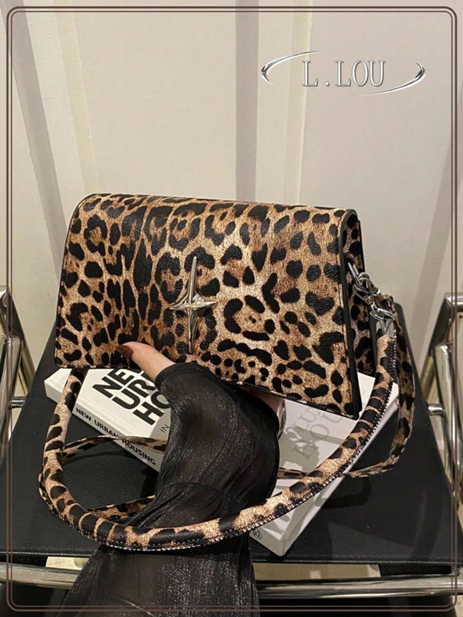 2 件肩带时尚豹纹翻盖单肩包，带金属五金装饰的休闲斜挎包，可调节肩带，休闲大手提包，腋下包，通勤手提包，多功能 - 彩色 - 查看 1