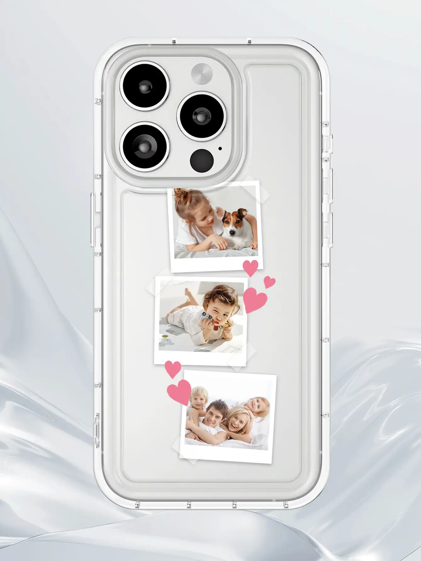 1pc Customized Love Frame Selfie Travel Vacation Photo 3-Photo Design Transparent Airbag Shockproof Phone Case Protective Cover, Customized Pet & Family Photo Phone Case Compatible With IPhone 12/14/11/13/15/16 Pro Max, A15, A13, 12, S25, S24, S23,2025phonecase - Clear - View 2