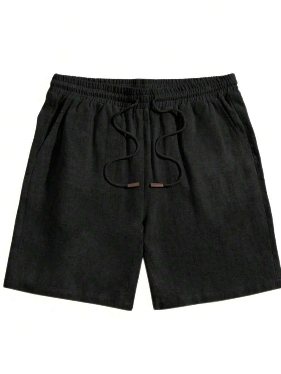 Men's Basic Linen Shorts Bermuda Shorts With Pockets And Adjustment Beach Shorts - 黑與白 - 查看 1