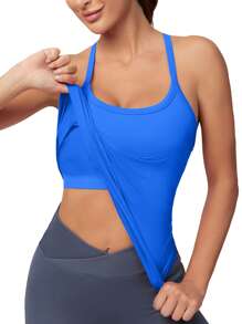 DDAPJ Pyju Ribbed Tank Tops For Women Built In Bra Cami With Shelf Bra Scoop Neck Sleeveless Yoga Workout Padded Undershirt Lightning Sales Blue M