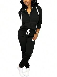 Bộ đồ thường ngày mùa thu cho nữ, áo nỉ trùm đầu dài tay có khóa kéo và quần dài - màu đen - Xem 1