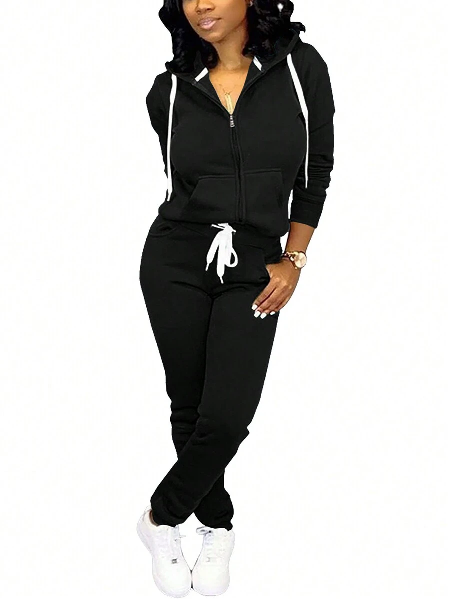 Bộ đồ thường ngày mùa thu cho nữ, áo nỉ trùm đầu dài tay có khóa kéo và quần dài - màu đen - Xem 1