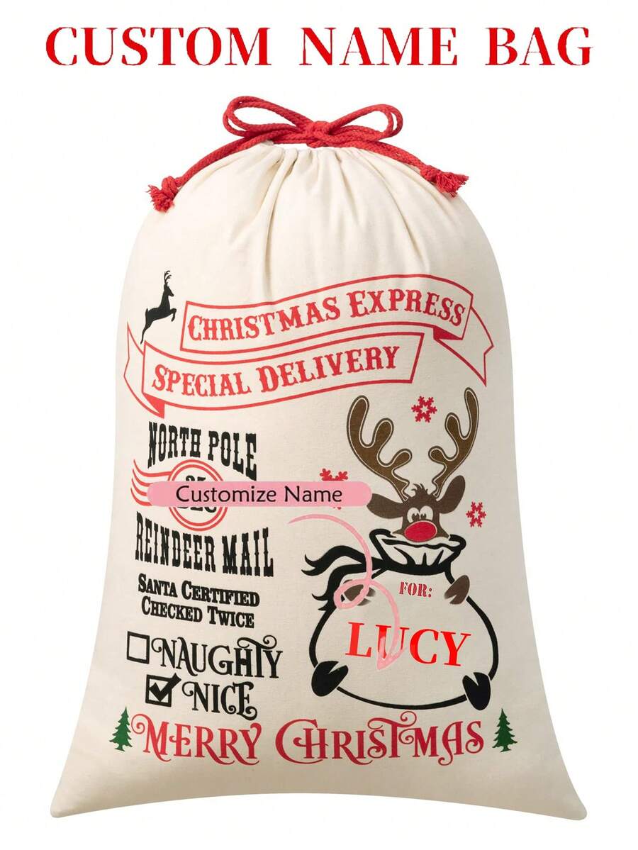 1 件 - 可定制圣诞驼鹿风格袋子，个性化字母圣诞礼品袋，带抽绳，大号可重复使用的帆布圣诞老人袋，新年圣诞派对用品，礼品袋，个性化圣诞礼品袋，圣诞老人送货袋，帆布圣诞袋，个性化圣诞玩具袋，定制名称和首字母，圣诞礼品袋 - 彩色 - 查看 1