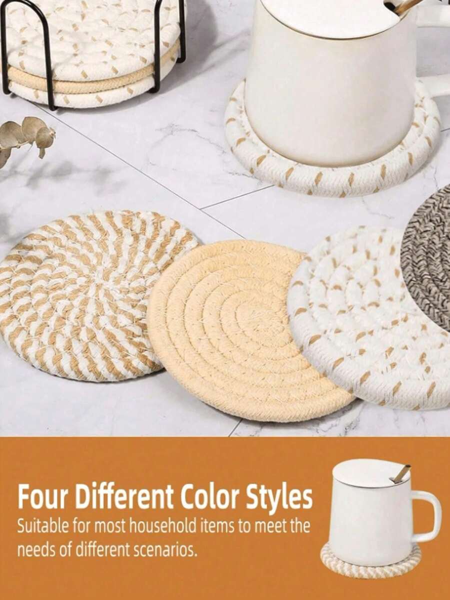 1pc/4pcs/8pcs Minimalist Woven Cup Coasters With Holders, Heat Resistant Kitchen Tabletop Coasters, Absorbent Coasters Set In 4 Colors, Suitable For Home Decor Table Protection For Various Cups, Random Color - Multicolor - View 1