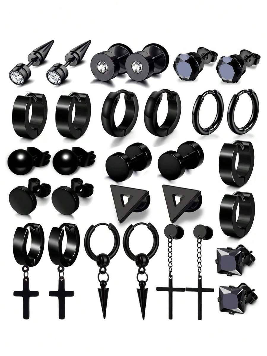 15 Pairs Earrings For Men, Stainless Steel Earrings Stud Kit For Men Women Fashion Piercing Jewelry Cross Dangle Hoop Earrings Set - Black - View 1