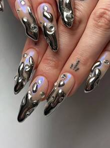 24件/套 现代简约日常朋克街头风个性化复古机械3D不对称银色水钻装饰饰品，瞬间提升您的造型。这款配饰采用银色法式设计，适合性感女孩，中等杏仁色，适合女性和女孩佩戴。 - 銀色 - 查看 1