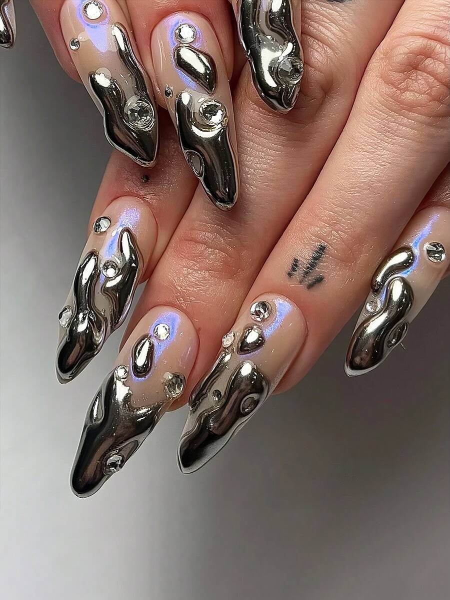 24件/套 现代简约日常朋克街头风个性化复古机械3D不对称银色水钻装饰饰品，瞬间提升您的造型。这款配饰采用银色法式设计，适合性感女孩，中等杏仁色，适合女性和女孩佩戴。 - 銀色 - 查看 1