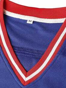 Maglietta a maniche lunghe con scollo a V, stile boyfriend, in jersey di hockey su ghiaccio americana blu, ricamata e impunturata, adatta per eventi sportivi e festa