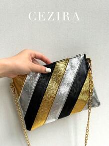 CEZIRA 1 Túi xách da PU họa tiết khối màu kim loại thời trang dành cho nữ, có khóa kéo, túi cầm tay vuông, dây xích kim loại, đeo chéo vai, phong cách Y2K, nhỏ gọn, hoàn hảo cho các cô gái tuổi teen, đi chơi dự tiệc ở trường đại học - Nhiều màu - Xem 4