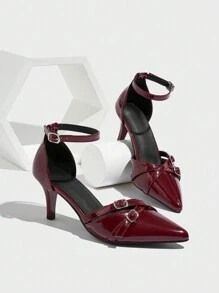 女士尖头露跟镂空高跟凉鞋，时尚性感，夏季新品，优雅猫跟，派对鞋 - 酒紅色 - 查看 7