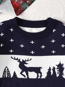 小男孩圣诞驯鹿撞色套头衫，秋冬