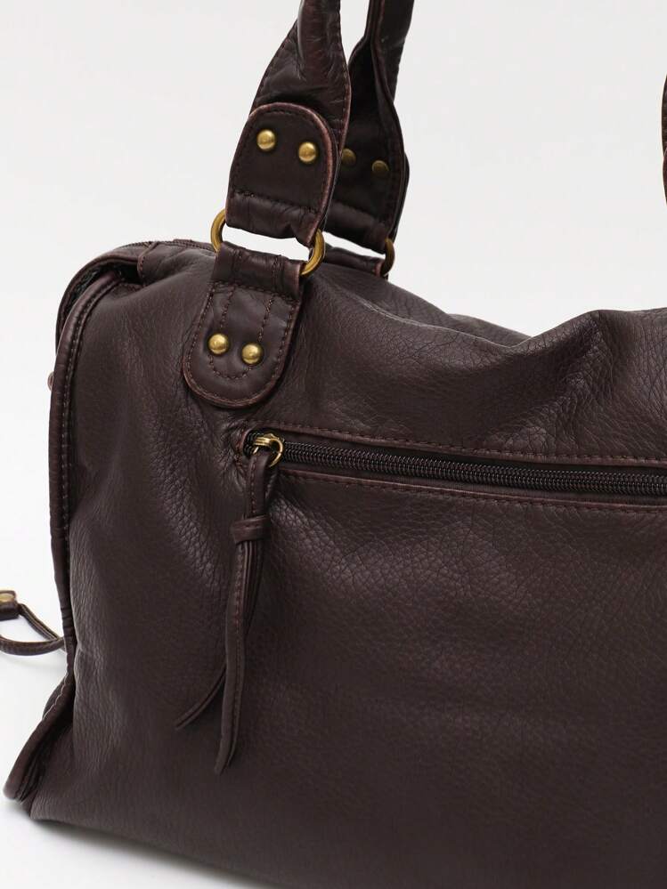 STEPHIECATHY Retro Casual Cool Street Style Soft Brush Off Washed PU Vegan Leather Zipper Closure Zip Pockets Braid Decor Large Capacity Fits 13' Laptop Tote Adjustable Long Strap Cross Body Shoulder Bag Women Daily College Commute Travel Versatile, Y2k Bag, Bohemia Style Bag For Women, 2000s Fashion Style Bag For Women, New Fashionable Big Bags For Women, New Arrival Tote Bags For Woman , Gifts For Women , Office Bag - Coffee Brown - View 9