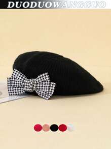 1pc Toddler Girls Houndstooth Pattern Bow Knitted Beret Hat, Beige