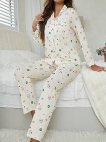 Set de 2 piezas para mujer de camisa casual con cuello vuelto y botones, con estampado de elementos navideños y pantalones sueltos y cómodos - Pijama/Ropa de estar en casa/Adecuado para Navidad, otoño/invierno