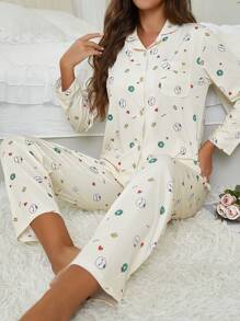 Set de 2 piezas para mujer de camisa casual con cuello vuelto y botones, con estampado de elementos navideños y pantalones sueltos y cómodos - Pijama/Ropa de estar en casa/Adecuado para Navidad, otoño/invierno