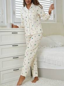 Set de 2 piezas para mujer de camisa casual con cuello vuelto y botones, con estampado de elementos navideños y pantalones sueltos y cómodos - Pijama/Ropa de estar en casa/Adecuado para Navidad, otoño/invierno