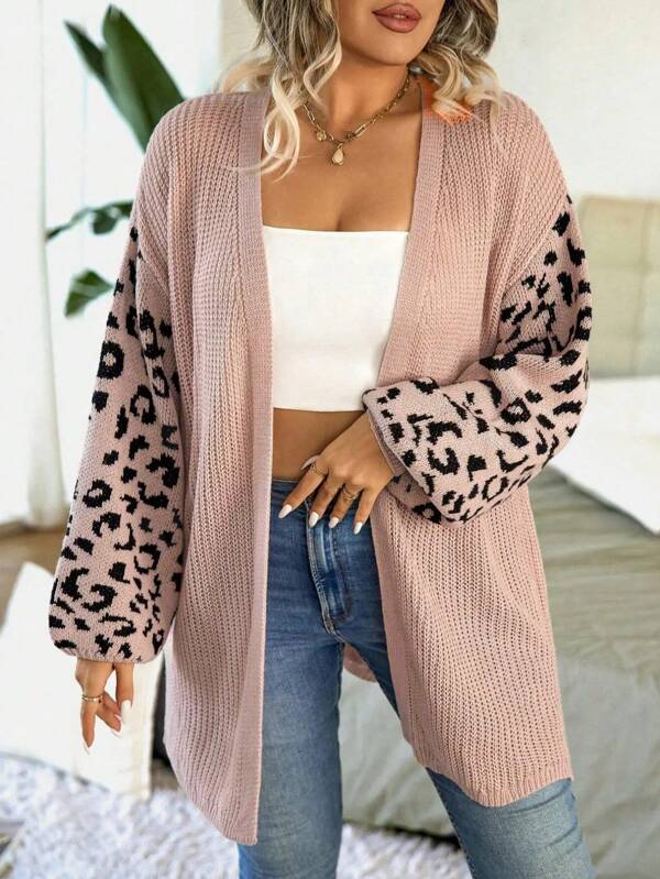 Cardigan feminino grande de malha com oncinha romântica rosa quente, estampa de animal distinta, camisa simples e elástica, casaco solto quente e confortável para outono e inverno, presente para amiga