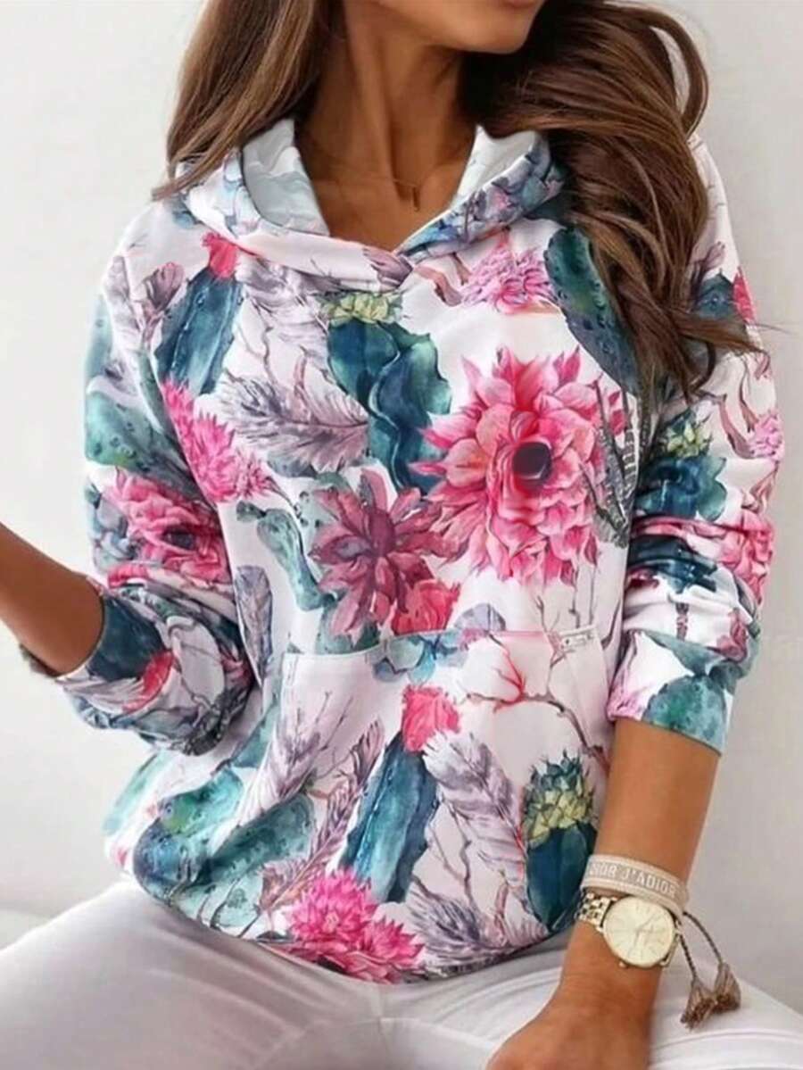 秋冬新款女士花卉印花休閒連帽衫時尚運動衫 - 彩色 - 查看 1