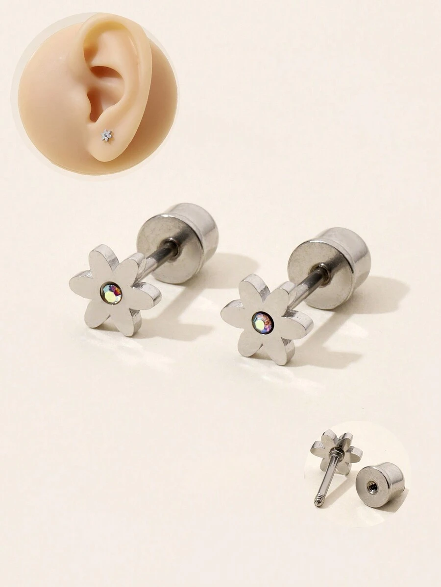 1 对时尚闪亮精致潮流百搭优雅银色对称耳钉，适合女性日常佩戴耳洞首饰 - 銀色 - 查看 1