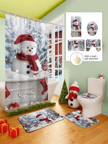 Conjunto de cortina de chuveiro com boneco de neve vermelho de Natal, 1/2/3/4 peças, com 12 ganchos e uma bola de chuveiro, cortina de chuveiro de poliéster impermeável e resistente a mofo, tapete antiderrapante para banheiro, tapete em U para vaso sanitário, capa protetora para vaso sanitário, conjunto decorativo para banheiro, sem necessidade de furadeira, vários tamanhos disponíveis, acessórios de decoração de outono para banheiro, volta às aulas