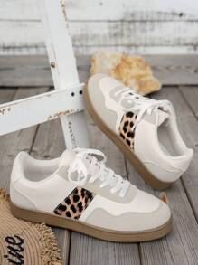 Damen Retro Trainingsschuhe, lässige Schnürschuhe mit Farbblock Leopard Muster, Sportschuhe