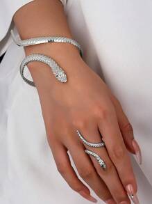 1 Set de joyería de anillo y pulsera con forma de serpiente exagerada, de europea y americana, para mujeres - Plateado - Ver 2