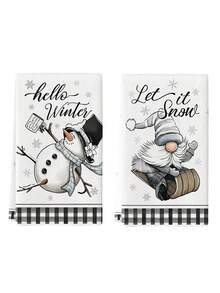 2pcs Christmas Gnome Kitchen Towels - Soft, Absorbent Microfiber Dish & Hand Towels For Holiday Decor, Perfect For Cooking, Baking & Cleaning - Black and White - View 4