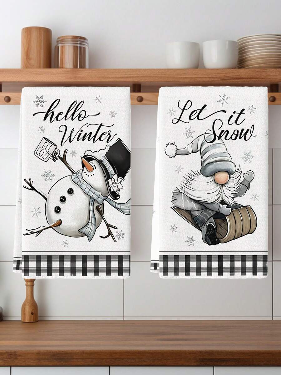 2pcs Christmas Gnome Kitchen Towels - Soft, Absorbent Microfiber Dish & Hand Towels For Holiday Decor, Perfect For Cooking, Baking & Cleaning - Black and White - View 1
