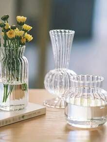 1 Pc Minimalist Vintage Striped Glass Vase, Transparent Hydroponic Striped Vase, Small Flower Dried Vase, Living Room Decorative Vase Arrangement Transparent Glass Vase With Buds Decoration, Home Tabletop Decorations, Flower Arrangement Vase Decorations, For Flower Care Home Decor Flower Vase