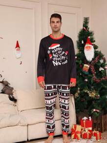 Set da 2 pigiami natalizi da uomo, con cappello da Babbo Natale e stampa di piccoli pupazzi di neve, top a maniche lunghe con collo tondo e pantaloni in nero, vestibilità comoda, adatto per autunno/inverno