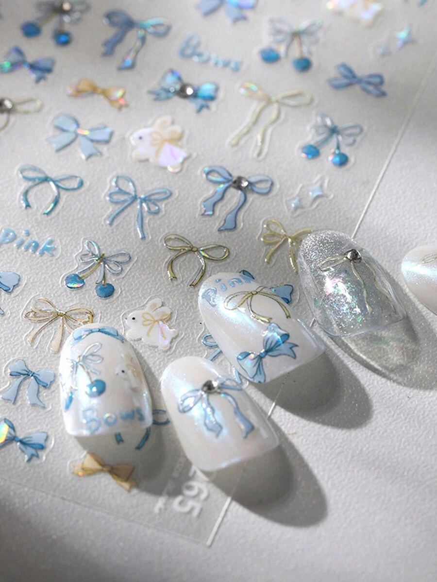 2 件 3D 果冻工艺可爱甜樱桃、蝴蝶结、兔子美甲贴纸 - 闪光、无味、塑料，用于手足护理、DIY 美甲装饰，适合日常 DIY 指甲、手机壳、日记，深受女性和女孩的喜爱