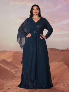 YISIKADO Plus Size Elegante Luxo Lantejoulas Chiffon Alça Cruzada Manga Longa Vestido de Festa, Vestido de Noite Formal, Para Convidado de Casamento, Formatura, Jantar