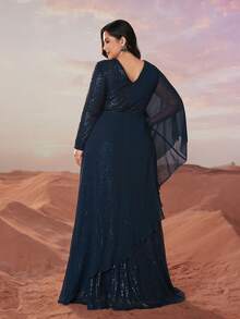 YISIKADO Plus Size Elegante Luxo Lantejoulas Chiffon Alça Cruzada Manga Longa Vestido de Festa, Vestido de Noite Formal, Para Convidado de Casamento, Formatura, Jantar