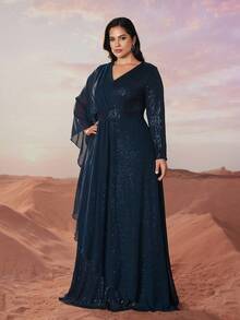 YISIKADO Plus Size Elegante Luxo Lantejoulas Chiffon Alça Cruzada Manga Longa Vestido de Festa, Vestido de Noite Formal, Para Convidado de Casamento, Formatura, Jantar