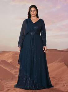 YISIKADO Plus Size Elegante Luxo Lantejoulas Chiffon Alça Cruzada Manga Longa Vestido de Festa, Vestido de Noite Formal, Para Convidado de Casamento, Formatura, Jantar