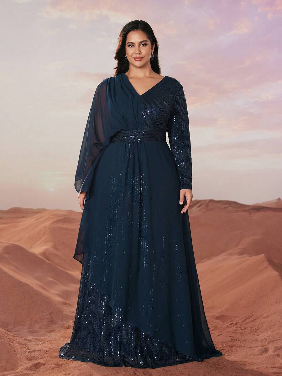 YISIKADO Plus Size Elegante Luxo Lantejoulas Chiffon Alça Cruzada Manga Longa Vestido de Festa, Vestido de Noite Formal, Para Convidado de Casamento, Formatura, Jantar