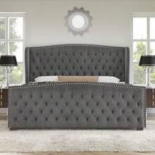 Platform Bed Frame, Velvet Upholstered Bed With Deep Button Tufted & Nailhead Trim Wingback Headboard/No Box Spring Needed/Grey - Xám - Xem 2