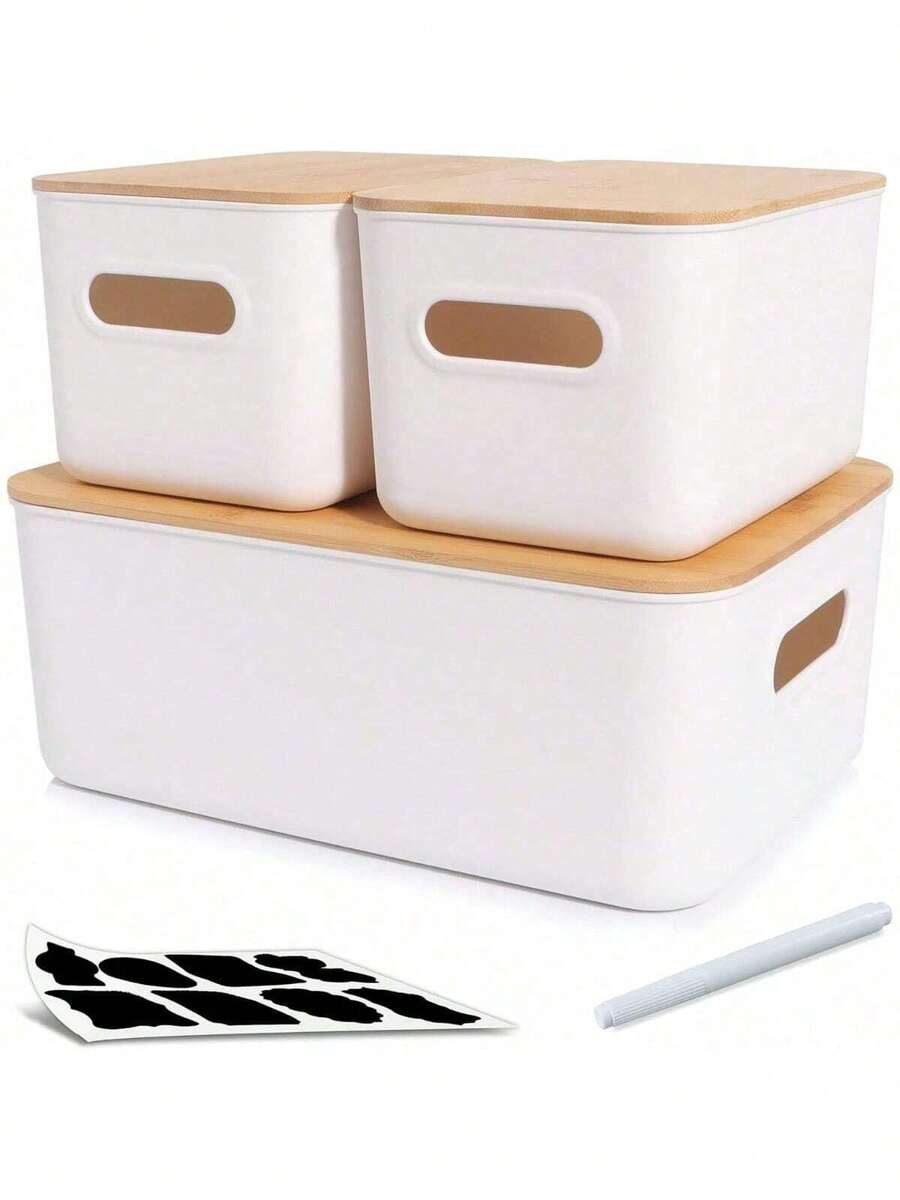 Set Of 3 Storage Box With Bamboo Lid Plastic Storage Boxes Kitchen Stackable Storage Baskets For Shelves With Handle Bathroom Kitchen Organiser White - White - View 1