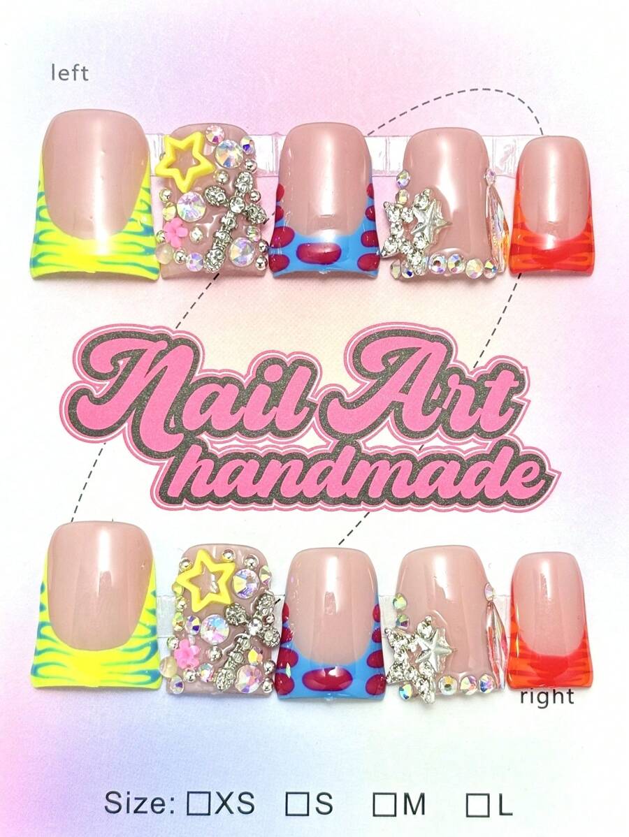 10 件鸭嘴手工指甲贴，Y2K 少女风格，带粉色、橙色、蓝色、绿色扎染，饰有金属心形、手工珠子、波浪、彩色棒棒糖、金属星星、AB 彩虹色水钻，适合女性和女孩参加派对、婚礼、日常佩戴（指甲装饰颜色随机） - 彩色 - 查看 1