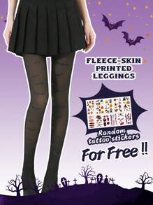 1 件女式万圣节蝙蝠印花紧身裤，冬季保暖厚羊毛紧身裤，性感时尚，适合节日派对 - 黑色 - 查看 1