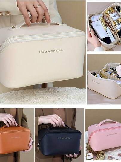 Bolsa de cosméticos impermeável de couro sintético, bolsa de cosméticos portátil para artigos de higiene pessoal, bolsa para armazenamento de cosméticos, bolsa de cosméticos espaçosa de dupla camada e grande capacidade, bolsa de cuidados com a pele de poliuretano à prova d'água, estilo boho, para férias na praia, coleção de banheiro, coleção de quarto, grande capacidade