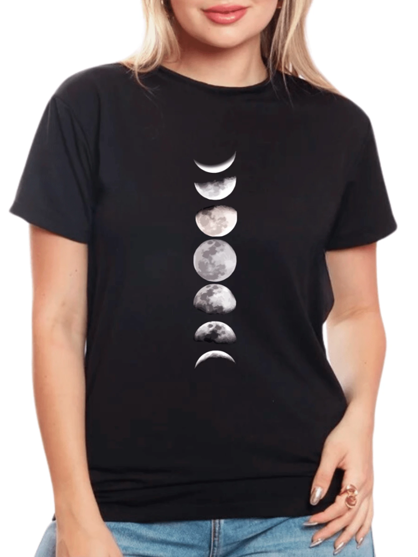 Women's Baby Look Moon Phases T-Shirt - Tumblr Style / EXCLUSIVE LAUNCH - màu đen - Xem 1