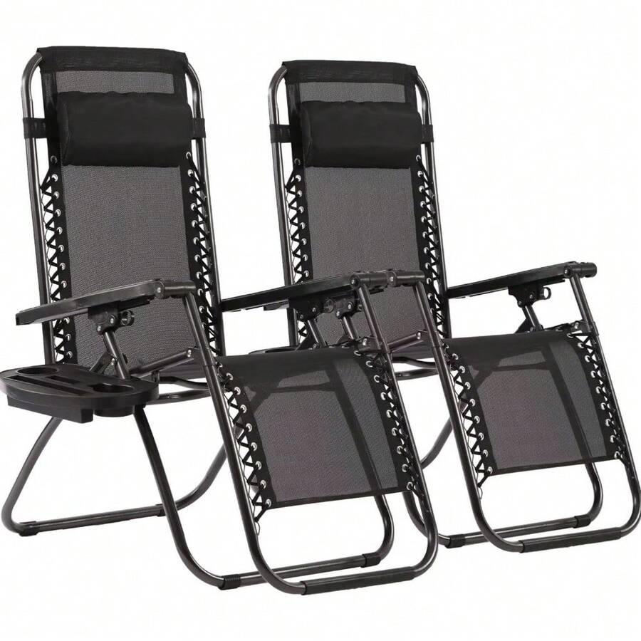 Zero Gravity Lawn Lounge Chairs Set Of 2 With Pillow And Cup Holder